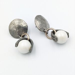 Hand crafted artisan brutalist style metal and bead dangle earrings